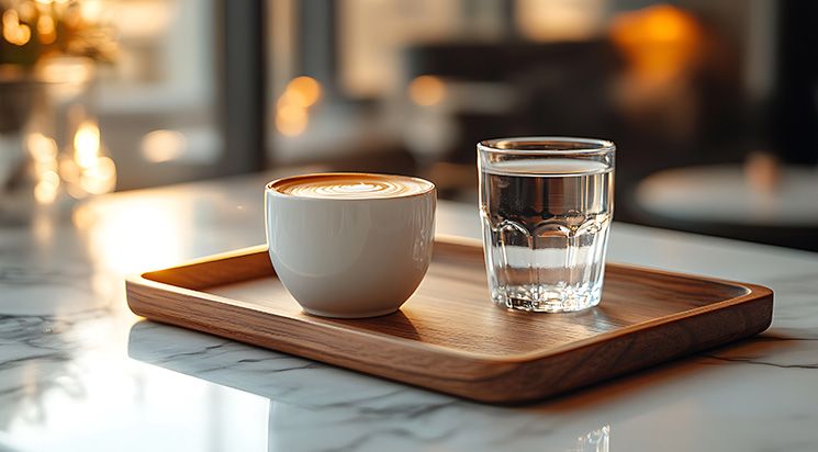 Frisch gebrühter Kaffee und ein Glas Osmosewasser auf der Küchenarbeitsplatte